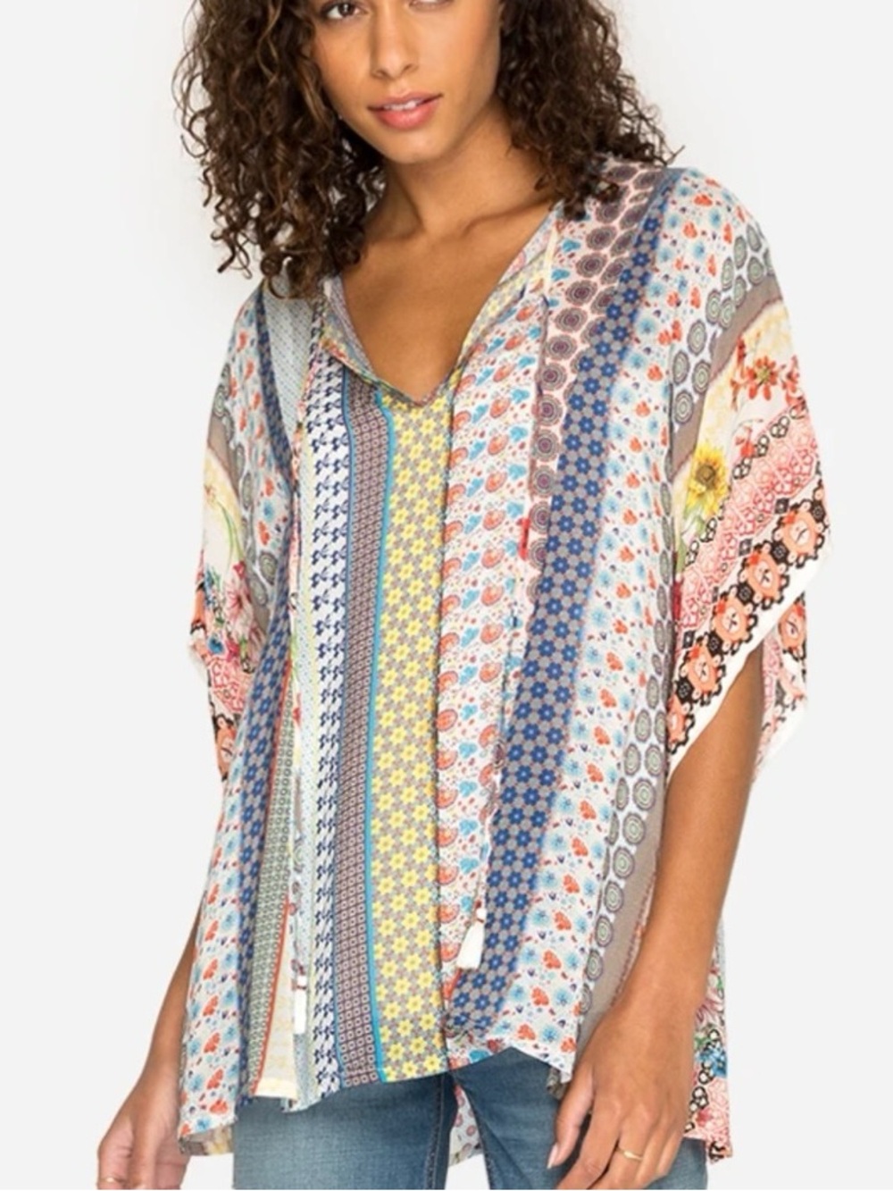Johnny Was Patchwork Floral Peasant Blouse Tunic Small V-Neck Boho